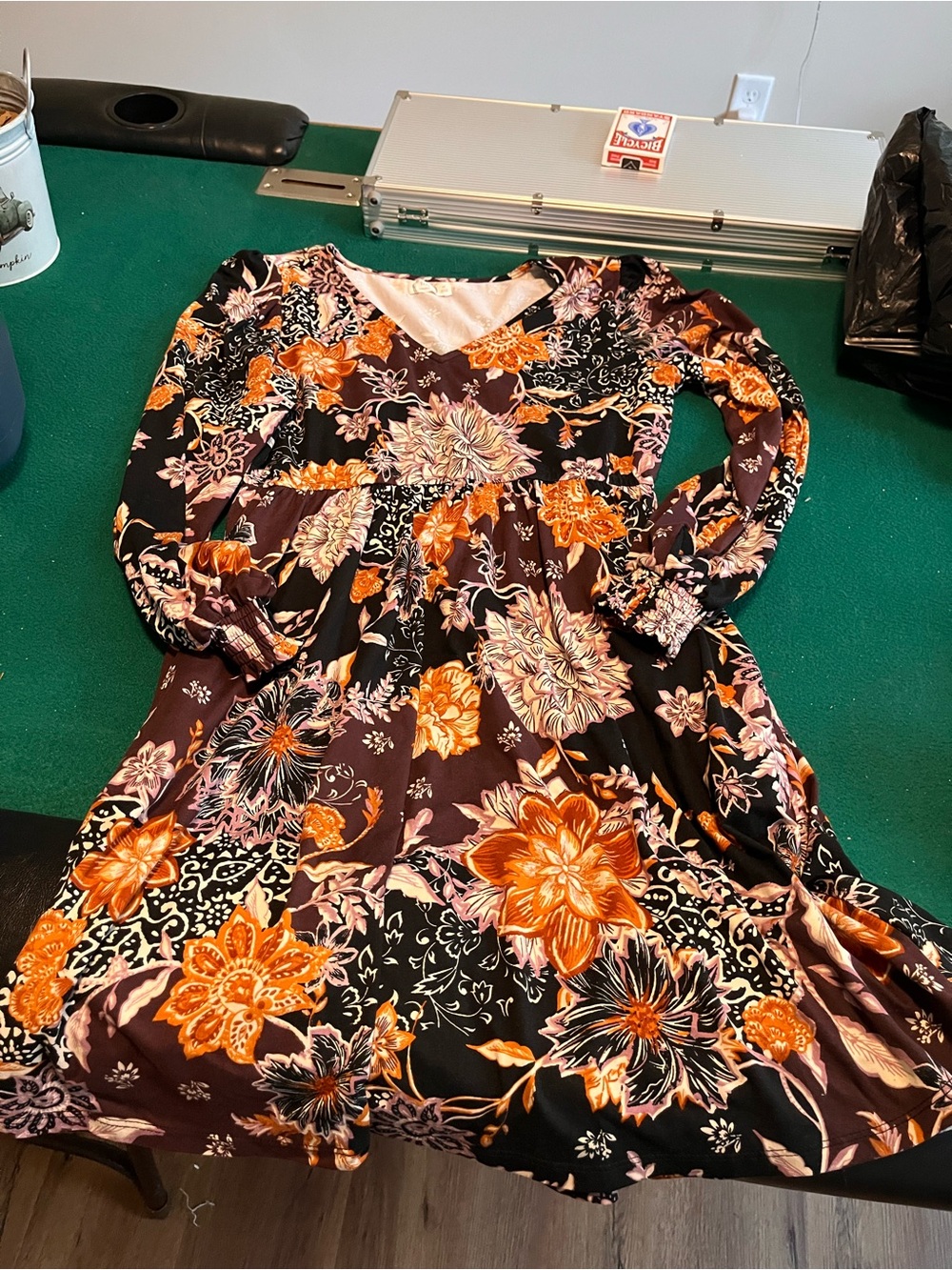 Maurices Black Floral V-Neck Long Sleeve Dress with Orange Accents